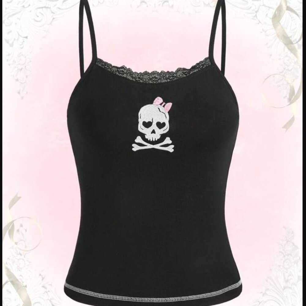 Kawaii Skull Embroidery Contrast Lace Cami Top size xs